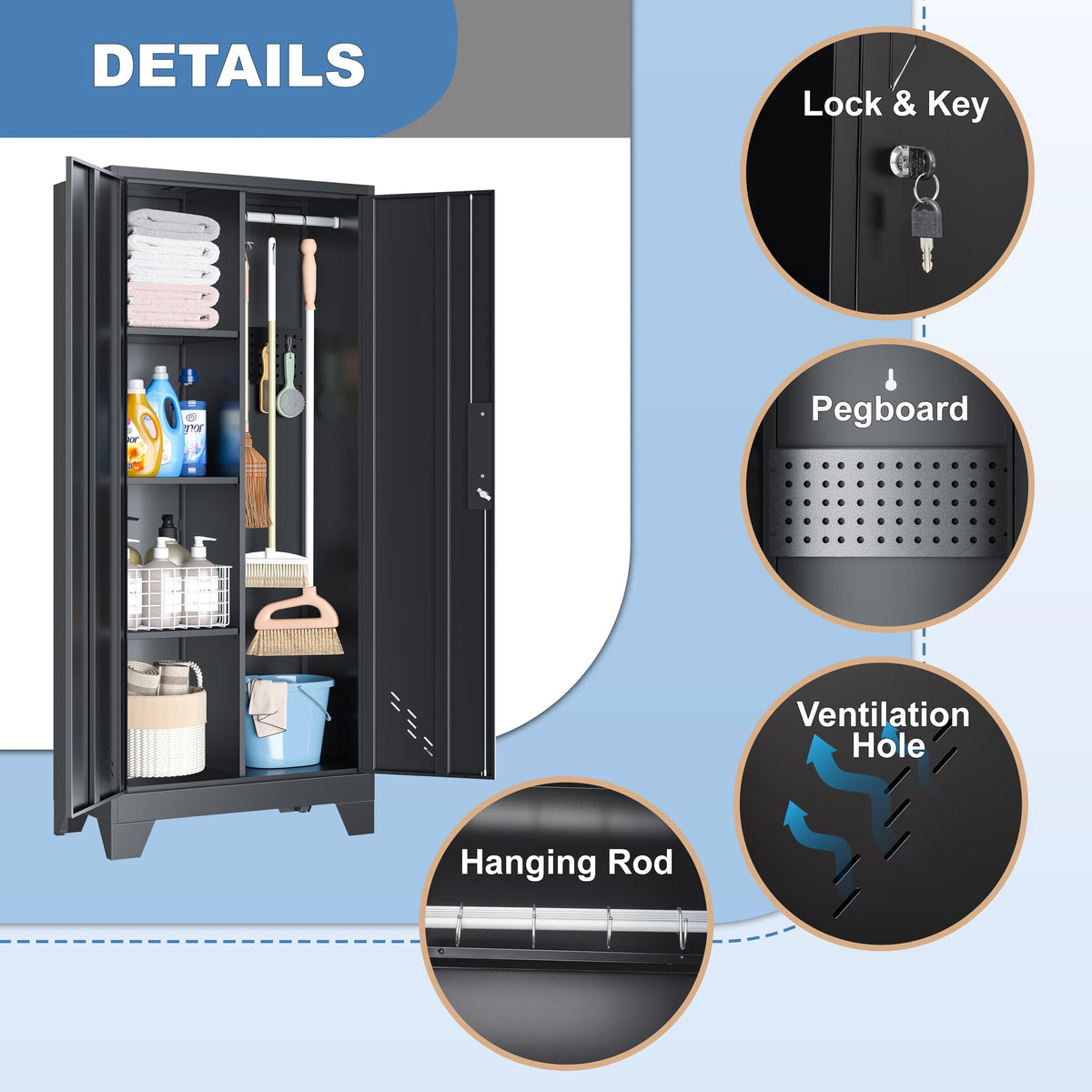 VASAAOSD 61" Broom Closet Storage Cabinet, Metal Storage Cabinet with Doors, Utility Cabinets for Brooms and Mops, Cleaning Tool Cabinets for Garage, Laundry Room, Bathroom