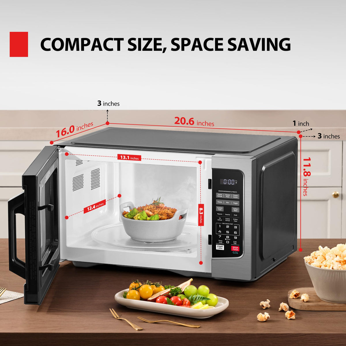 TOSHIBA EM131A5C-SS Countertop Microwave Ovens 1.2 Cu Ft with 12.4" Removable Turntable Smart Humidity Sensor, 12 Auto Menus Mute Function ECO Mode Easy Clean Interior, 1000W, Silver