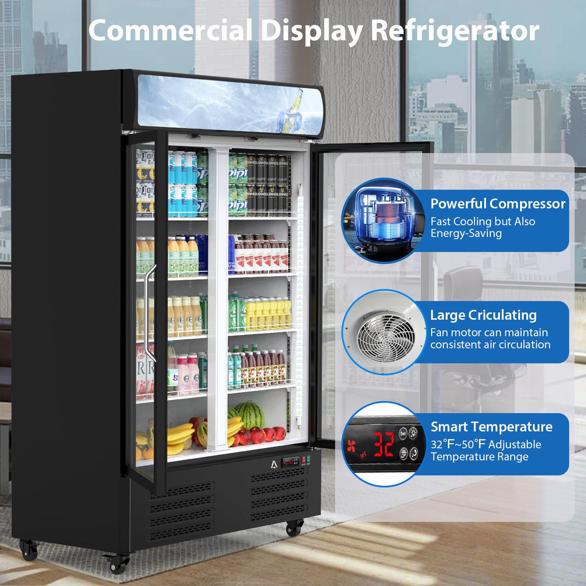 Garvee Commercial Refrigerator - Large Capacity Glass Door Merchandiser with LED Display, 36.3 Cu.Ft Upright Fridge for Business & Commercial Use, Black