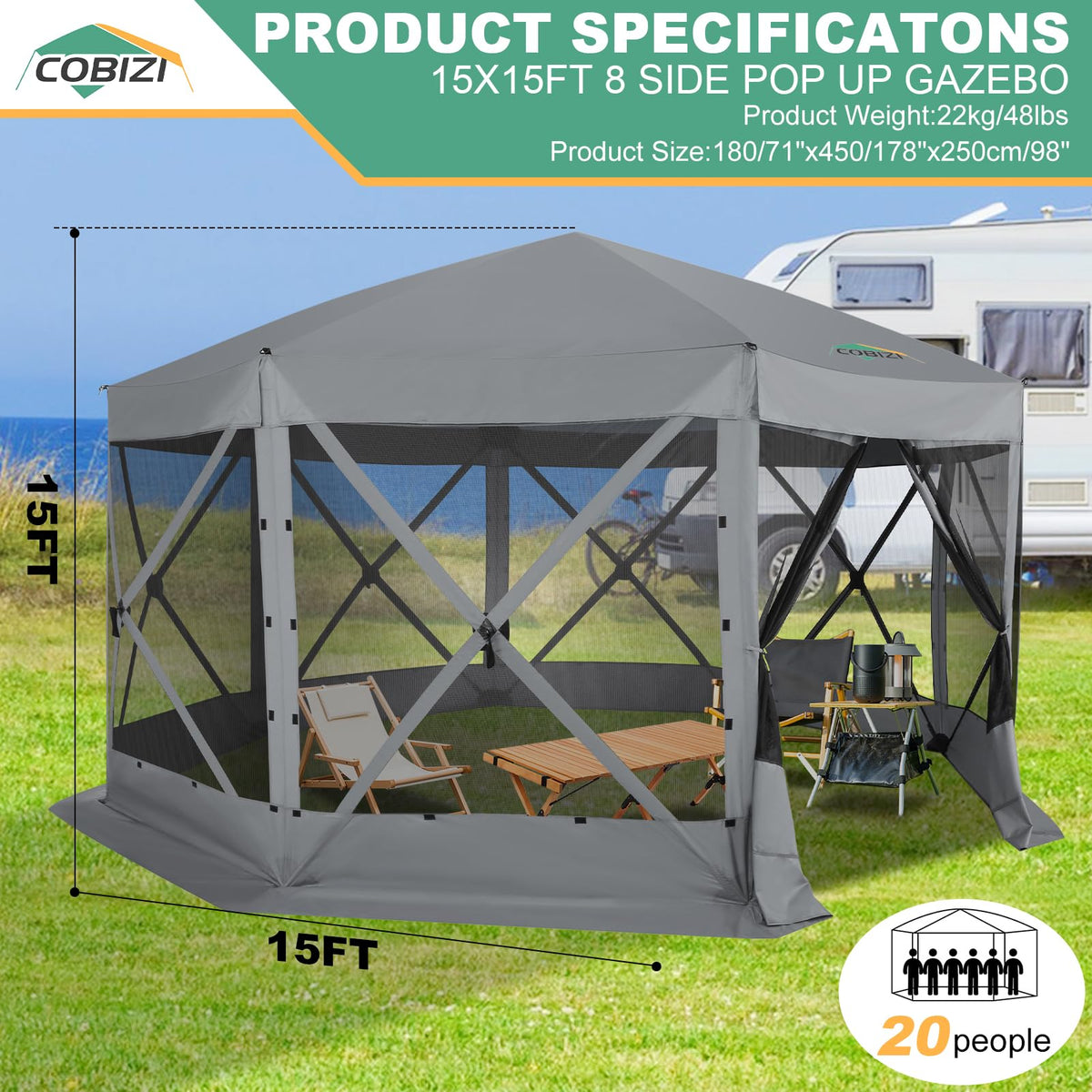 COBIZI 15x15 FT Pop Up Gazebo - Canopy Tent, Large Gazebos On Clearance with Sidewalls, Screened in Gazebo,carpas para Patio,Portable Screen Tents for 12-15 Persons Outdoor Camping, Backyard,Gray