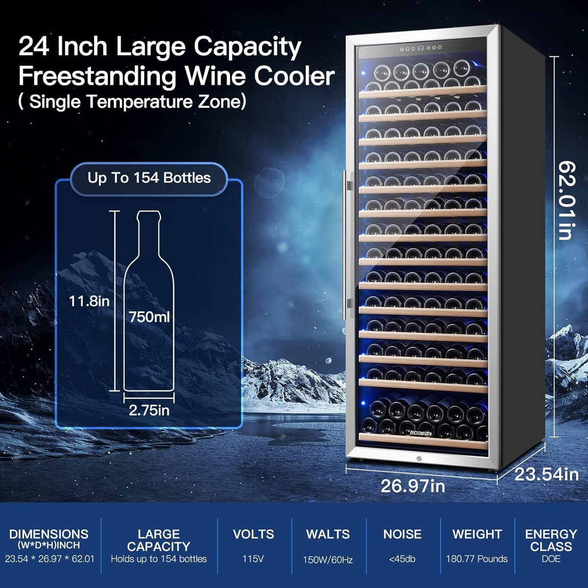 BODEGA 24 Inch Wine Cooler, 154 Bottle Large Refrigerator, Tall Freestanding Wine Fridge with Intelligent Temperature Memory & Humidity Control, Upgraded Quiet Compressor for Bedroom, Bar and Kitchen