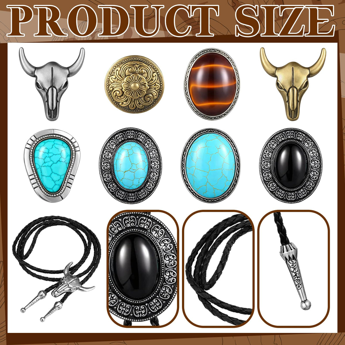 Lyrow 8 Pcs Bolo Ties for Men Women Native Western Cowboy Bola Tie Turquoise Stone Faux Leather Necktie Tie for Costume Accessories (Classic Style)
