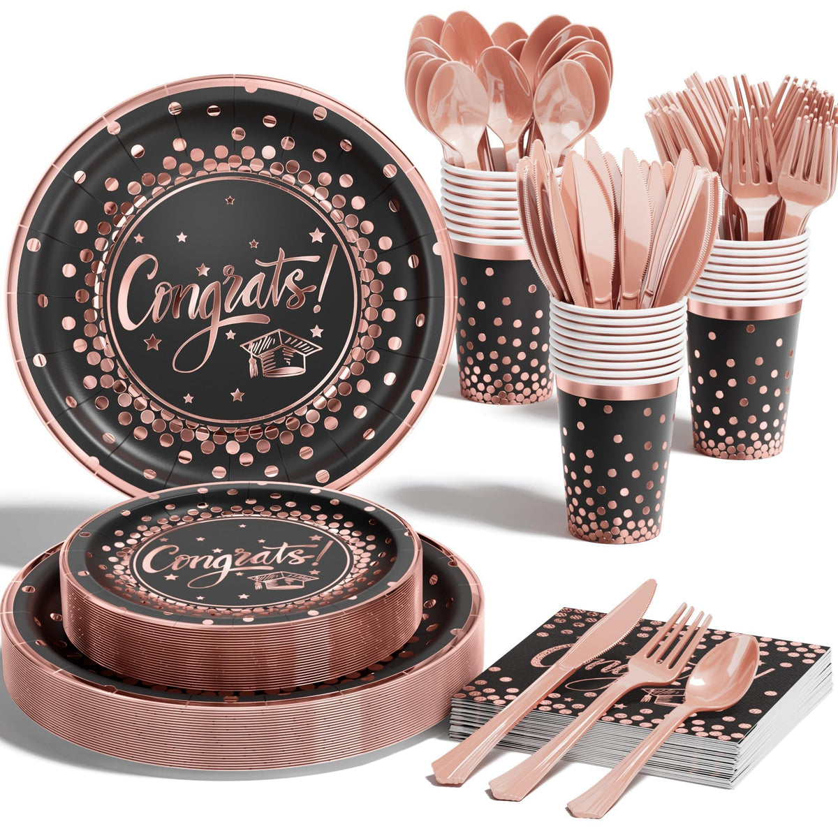 Ecomore 2026 Graduation Party Supplies - 175 PCS Congrats Grad Disposable Dinnerware Set w/Rose Gold Paper Plates Cups Napkins & Plastic Cutlery, Serves 25 Guests for School College Grad Celebration