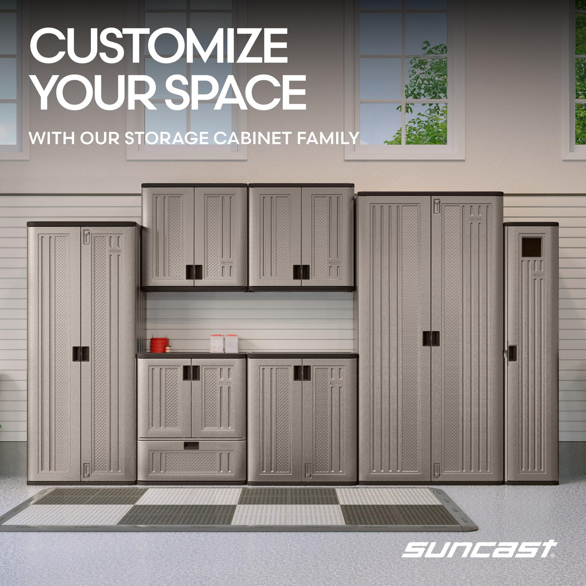 Suncast Base Storage Cabinet for Garage Organization - 9 Cu. Ft. Lockable 2-Shelf Organizer for Garden Supplies, Paint Cans & Outdoor Tools, Multi-Wall Resin Construction, Platinum