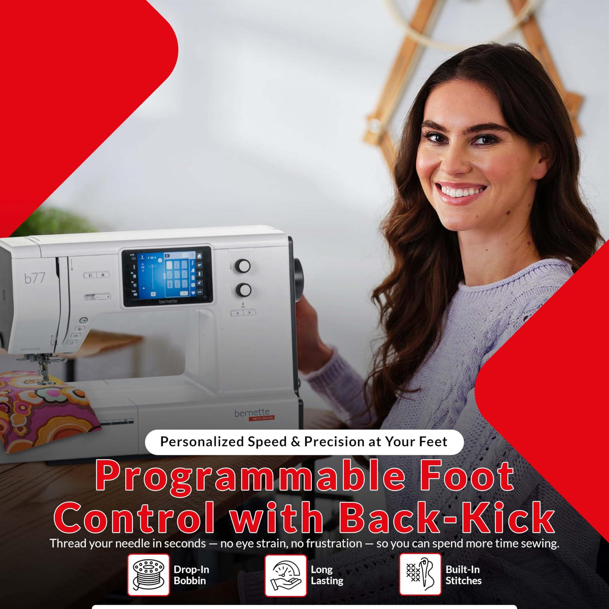 Bernette B77 Computerized Sewing Machine | Heavy Duty, Quilting & Embroidery Kit with Extension Table, Presser Feet, Bobbins, Thread Spools, Needles, Rotary Cutter, LCD Display & $200 Bonus Bundle