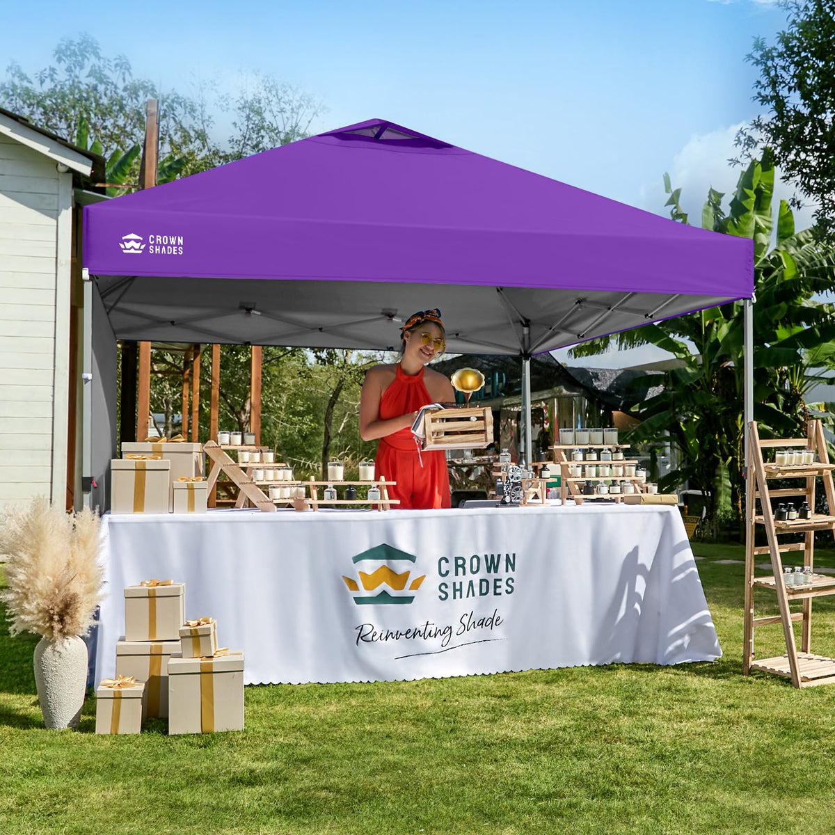 CROWN SHADES 10x10 Pop Up Canopy with 1 Side Wall - Beach Tent with One Push Setup - Outdoor Sun Shade for Events, Parties, Camping - Gazebo with STO-N-Go Cover Bag (Purple)