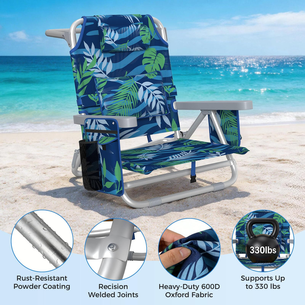 5-Position Backpack Beach Chair for Adults with Lumbar, Foldable Tall Heavy-Duty Beach Chairs with Cooler Bag,Cup Holder,Towel Rack for Beach, Camping, Outdoor