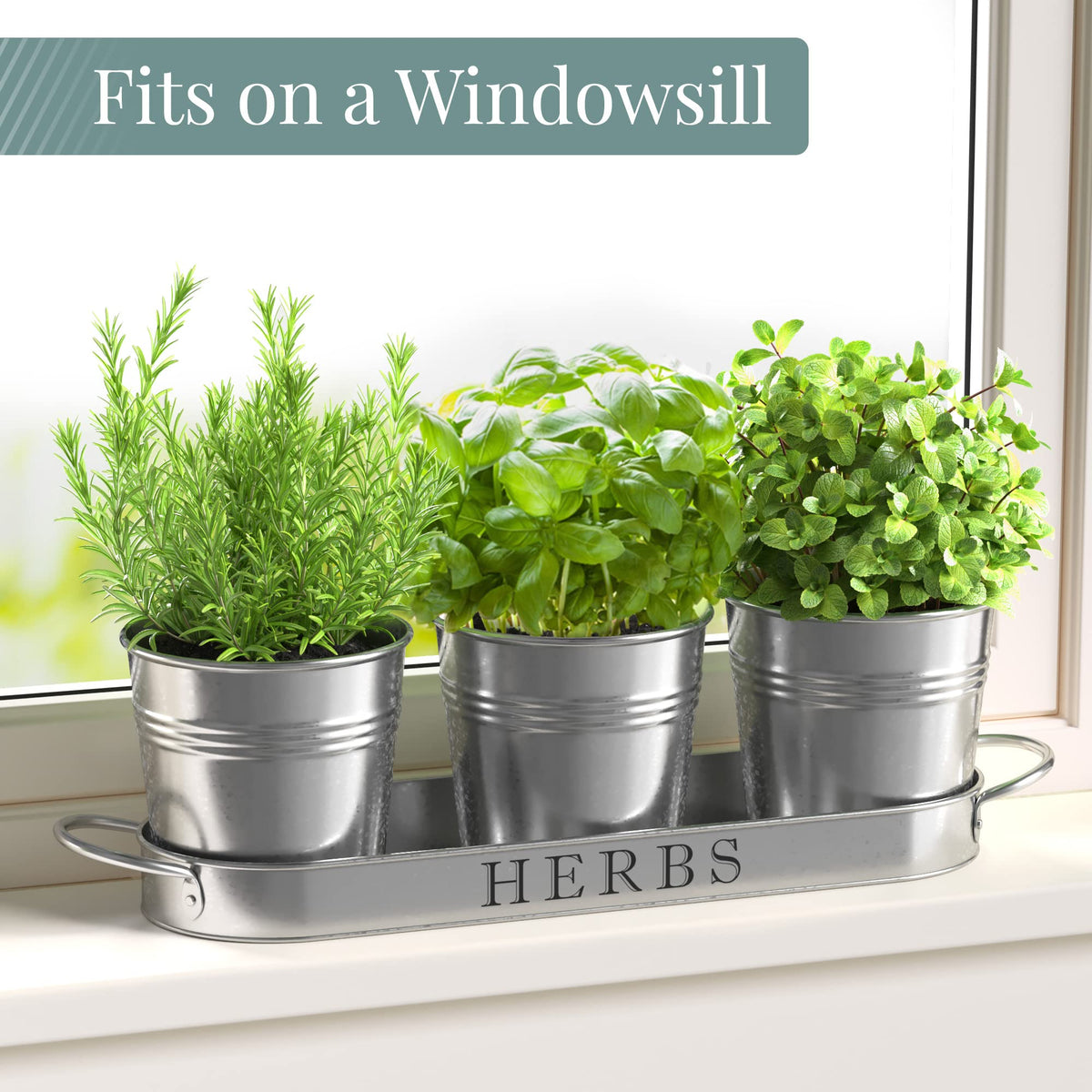 Barnyard Designs Indoor Herb Garden Planter Set with Tray, Metal Windowsill Plant Pots with Drainage for Outdoor or Indoor Plants, Set/3 (Galvanized)