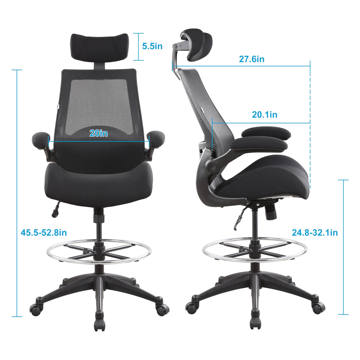 BOLISS Drafting Tall Office Chair 400lbs High Back Wide Standing Desk Chair Comfortable with Flip up Armrests Lumbar Support Adjustable Big Footrest Ring(Black)
