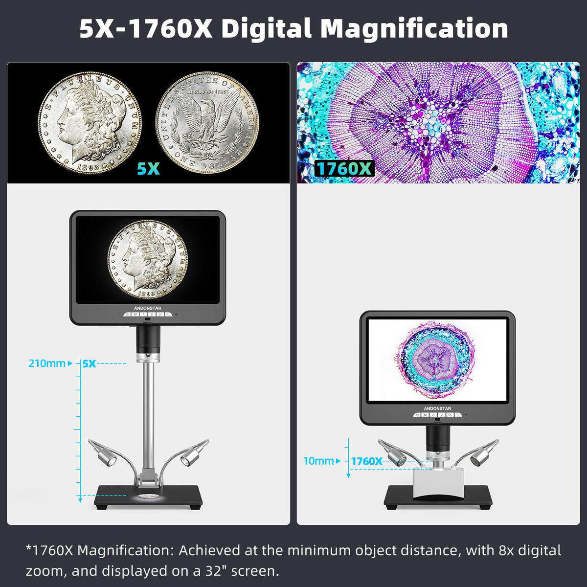 Andonstar 4K 60FPS 10.1" HDMI Digital Microscope for Soldering, 64MP 3840P UHD Video Audio Record, AD210S-Pro Electronic PCB Microscope for Adults, Error Coins, Pro Boom Arm Stand, 64GB