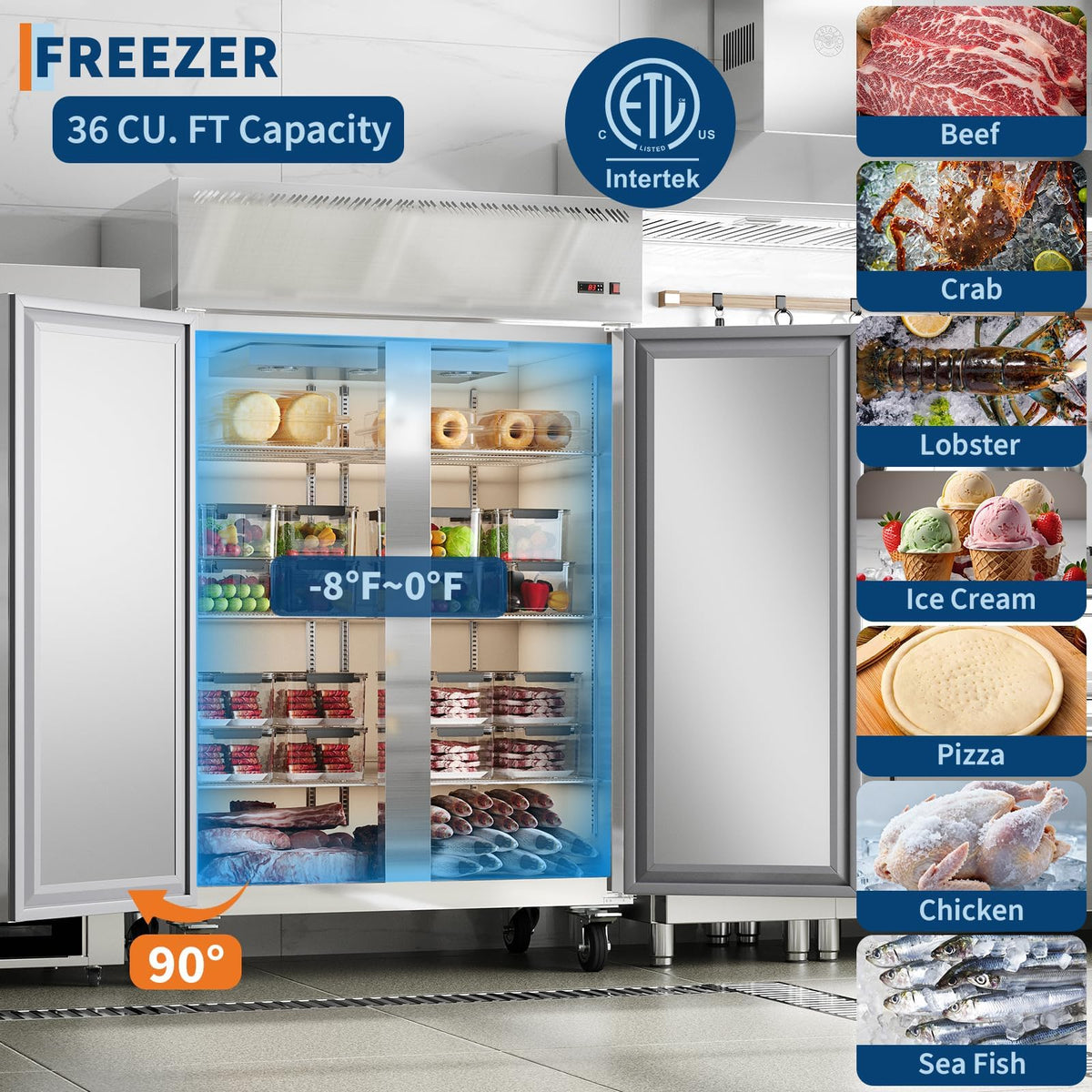 48-Inch Commercial Upright Freezer, 36 Cu. Ft. Stainless Steel Reach-In Deep Freezer with 2 Solid Doors, Digital Temp Control (-8°F to 0°F), Auto Defrost & 6 Shelves for Restaurant, Cafe & Kitchen