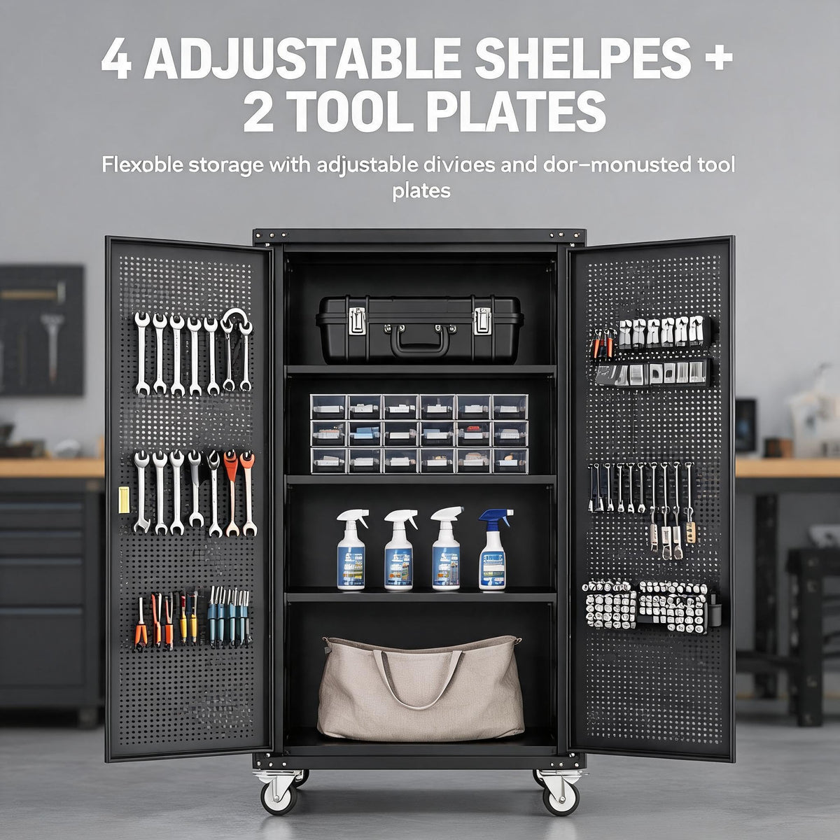 Garvee Large Metal Cabinet Two Lockable Doors Four Wheels,Four Adjustable Dividers Can Be Used As Tool File Storage Suitable for Garages Schools Gyms Offices