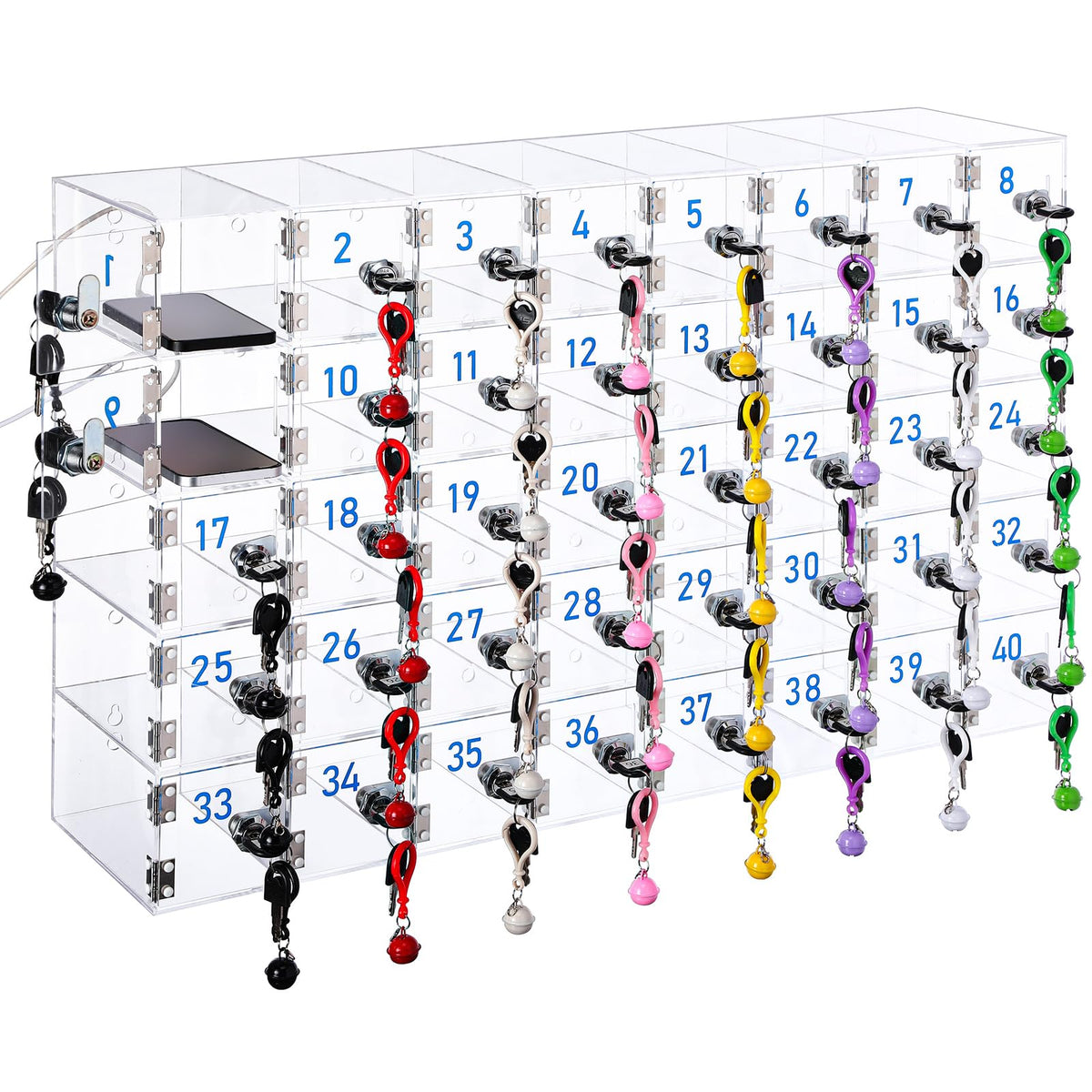 Singhoow 40 Doors Cell Phone Locker Box with Charging Hole (Upgrade Size), Clear Acrylic Cell Phone Storage Cabinet Wall Mounted, Locks, Key, Number for Classroom Employee Office School Factory