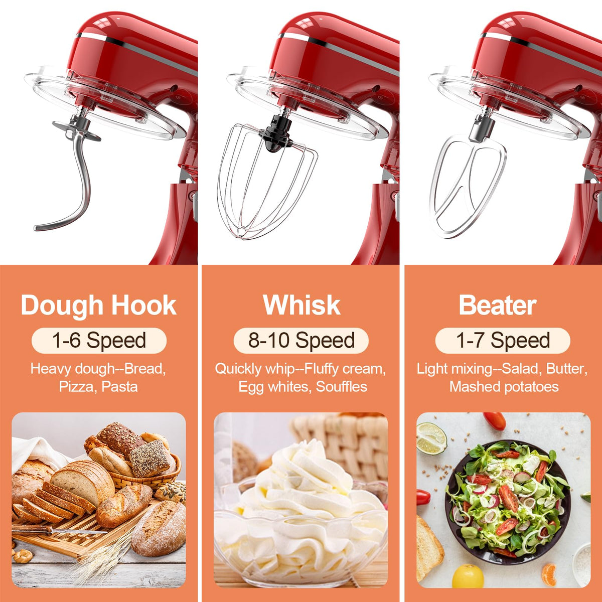 CEBORY 3-IN-1 Electric Stand Mixer, 6.5QT Bowl 660W 10-Speed Kitchen Mixer, Household Food Mixers include Dough Hook, Beater and Whisk, Bread Cake Mixer for Baking and Most Home Cooks, Red