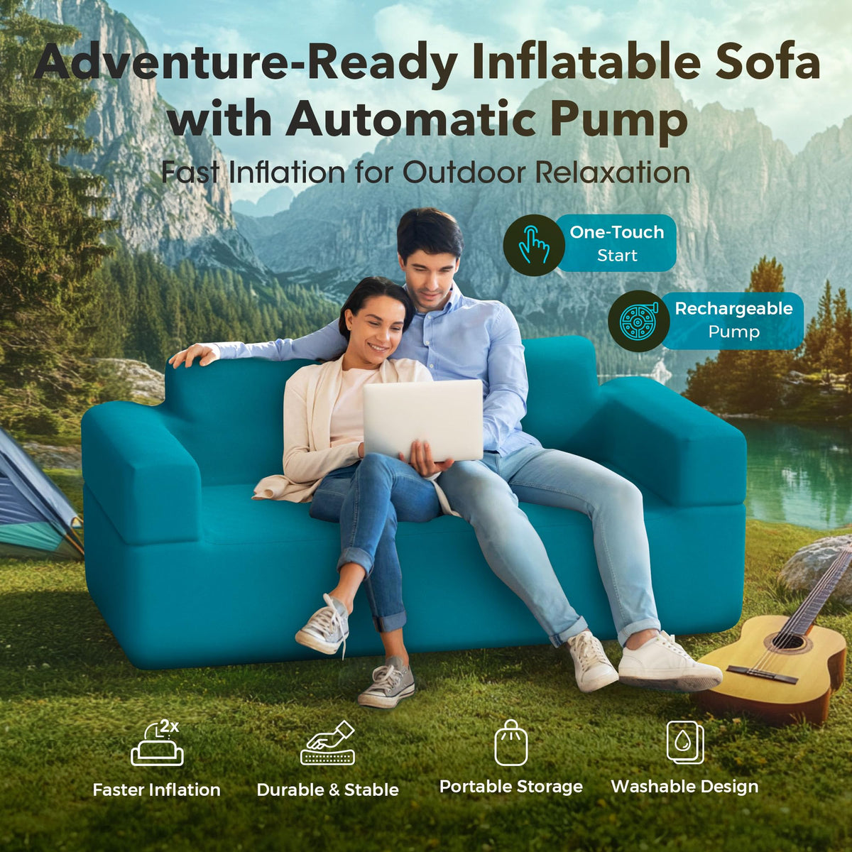 Inflatable Couch for Camping with Built-in Pump, Portable Blow Up Sofa, Multifunctional Inflatable Furniture has High-Pressure Resistant Fabric Suitable for Backyard Beach Music Festival Party (Blue)