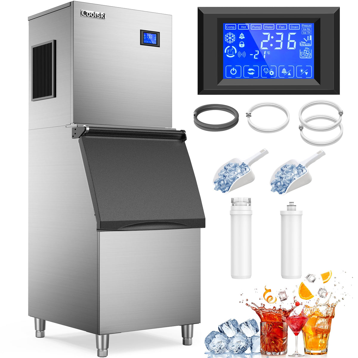 Coolski Commercial Ice Maker Machine 450LBS/24H, 22'' Wide Ice Machine with 300LBS Large Storage Bin, Clear Ice Cubes Air Cooled Stainless Steel Ice Maker for Restaurant/Bar/Cafe/Business