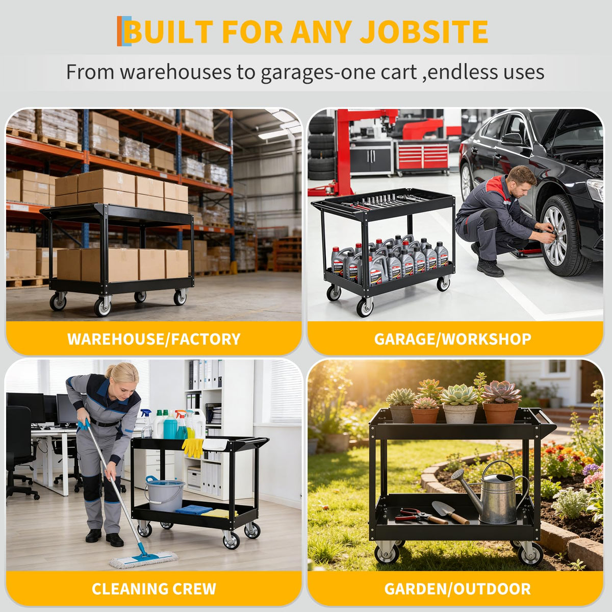 Utility Cart on Wheels, 500 lbs Capacity, 40" x 24.4" x 32.48"，Rolling Work Carts with Wheels, 2 Shelf Heavy Duty Steel Service Cart Suitable for Warehouse, Garage, School & Office, Cleaning, Black