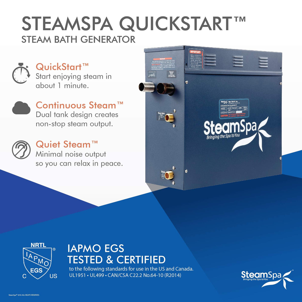 STEAMSPA 7.5kW Steam Sauna Generator Sentry Series 240V Steam Generator with Touch Screen, Steamhead, Built-in Steam Shower Auto Drain, ACU Quickstart Steam Bath Generator (Black)