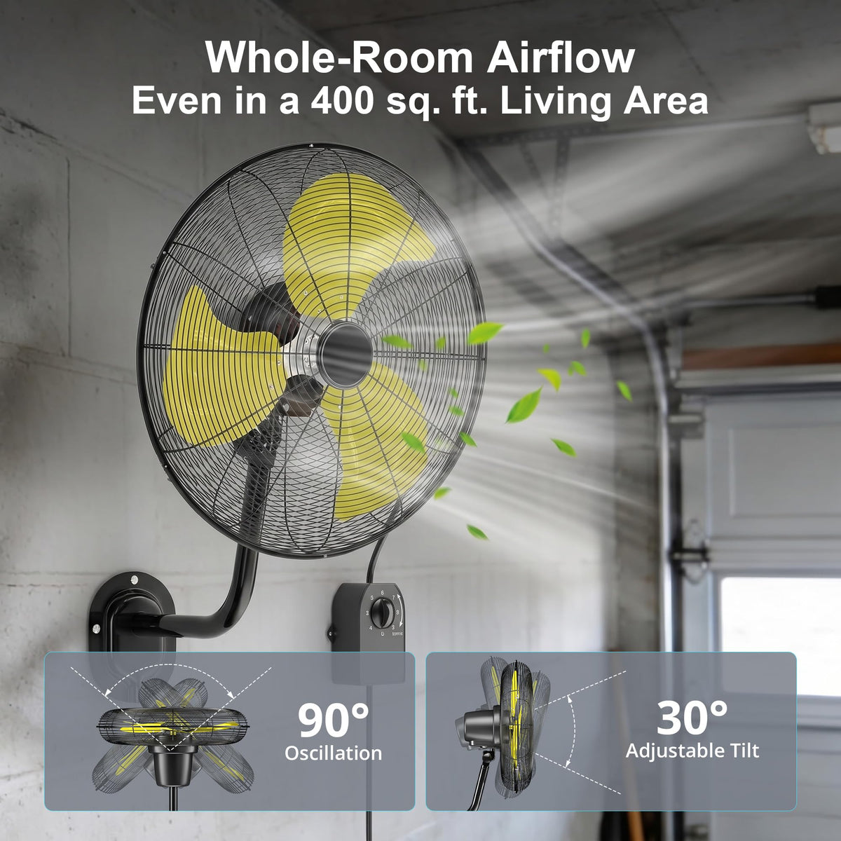 20" Heavy Duty Wall Mount Fan, 3 Speeds, 7200 CFM High Velocity Industrial Fan, Indoor Oscillating Wall Fan, Metal Outdoor Fan for Commercial Use, Shop,Gym,Patio,Garage, Warehouse