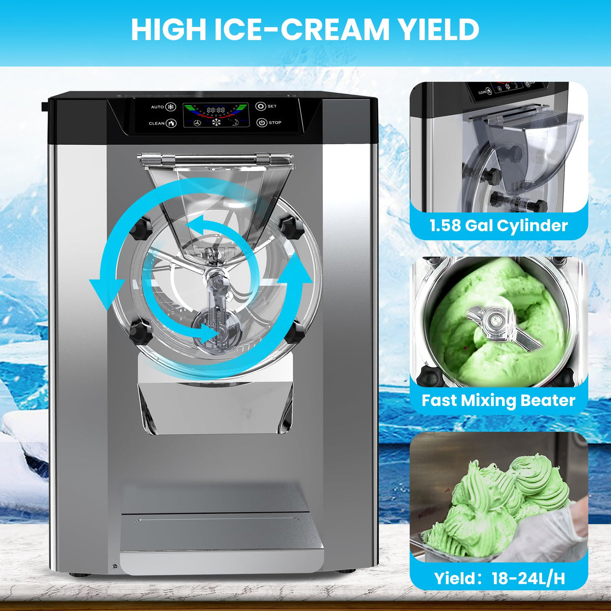 Patikuin 2000W Commercial Ice Cream Maker - Single Flavor Countertop Gelato Machine with LCD Touchscreen - 4.8-6.3 Gal/Hr Output - Automatic Cleaning - High Productivity for Snack Bars & Restaurants
