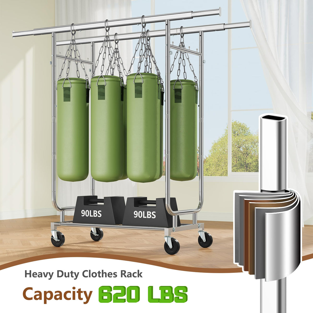 Heavy Duty Rolling Clothes Rack, 620 LBS Load Double Rod Adjustable Garment Rack with Storage Shelves & Lockable Wheels, Portable Clothing Rack for Hanging Clothes for Bedroom, Laundry Living Room