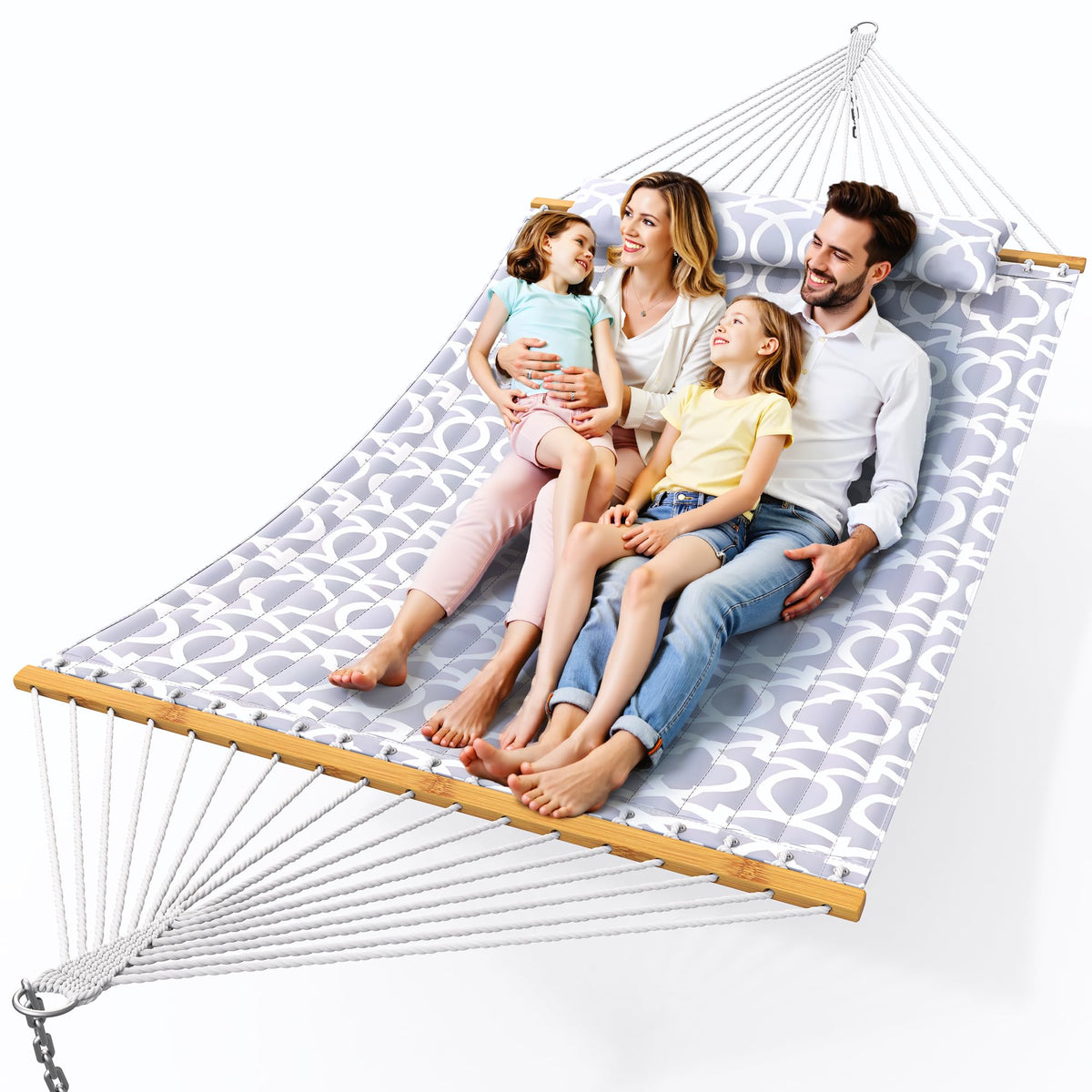 Everyfun Double Hammock with Spreader Bar,Soft Pillow,Max Load 500lbs,Portable Hammock for Outdoor,Camping,and Backyard,White Gray