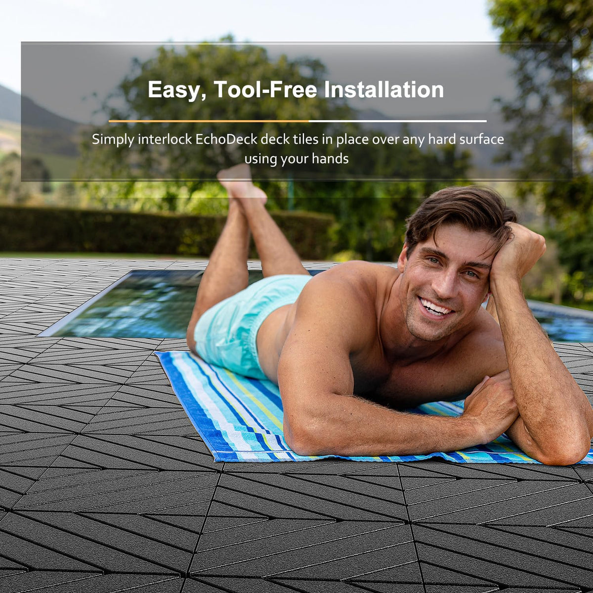 EchoDeck Interlocking Deck Tiles,54 Pack Patio Tiles Outdoor Interlocking All Weather,Patio Deck Tiles,12"x12",Diagonal,Sturdy Base,Highly Durable,Stylish,Non-Slip,Faster-Drying,Efficient,Dark Grey
