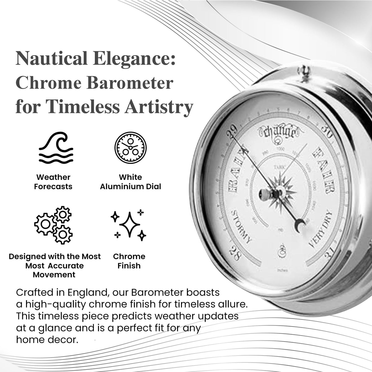 Tabic Traditional Barometer with Heavy Brass Case, Chrome Plated, Handmade in England (1/2kg) - Weather Predictor for Home and Office - Mounted Atmospheric Pressure Gauge in Elegant Chrome Finish