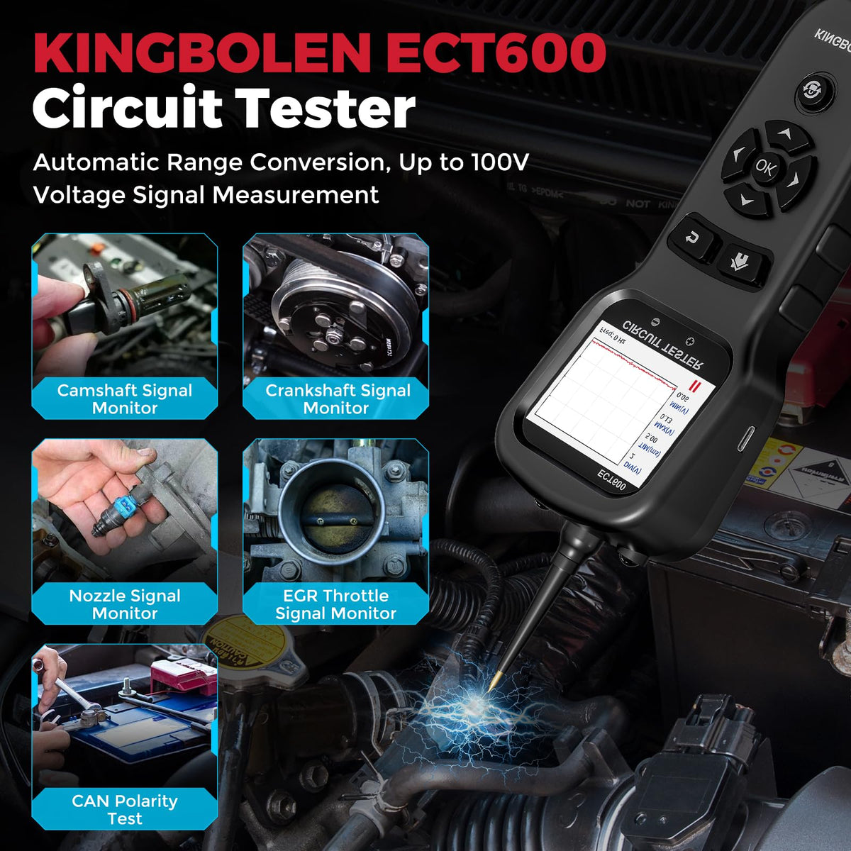 KINGBOLEN ECT600 Automotive Power Circuit Probe Tester with Battery/Relay/Fuel Inject Test, 12-24V Electrical Short/Open Circuit Finder, AC/DC Voltage,Component Activation, Oscilloscope Display,36FT