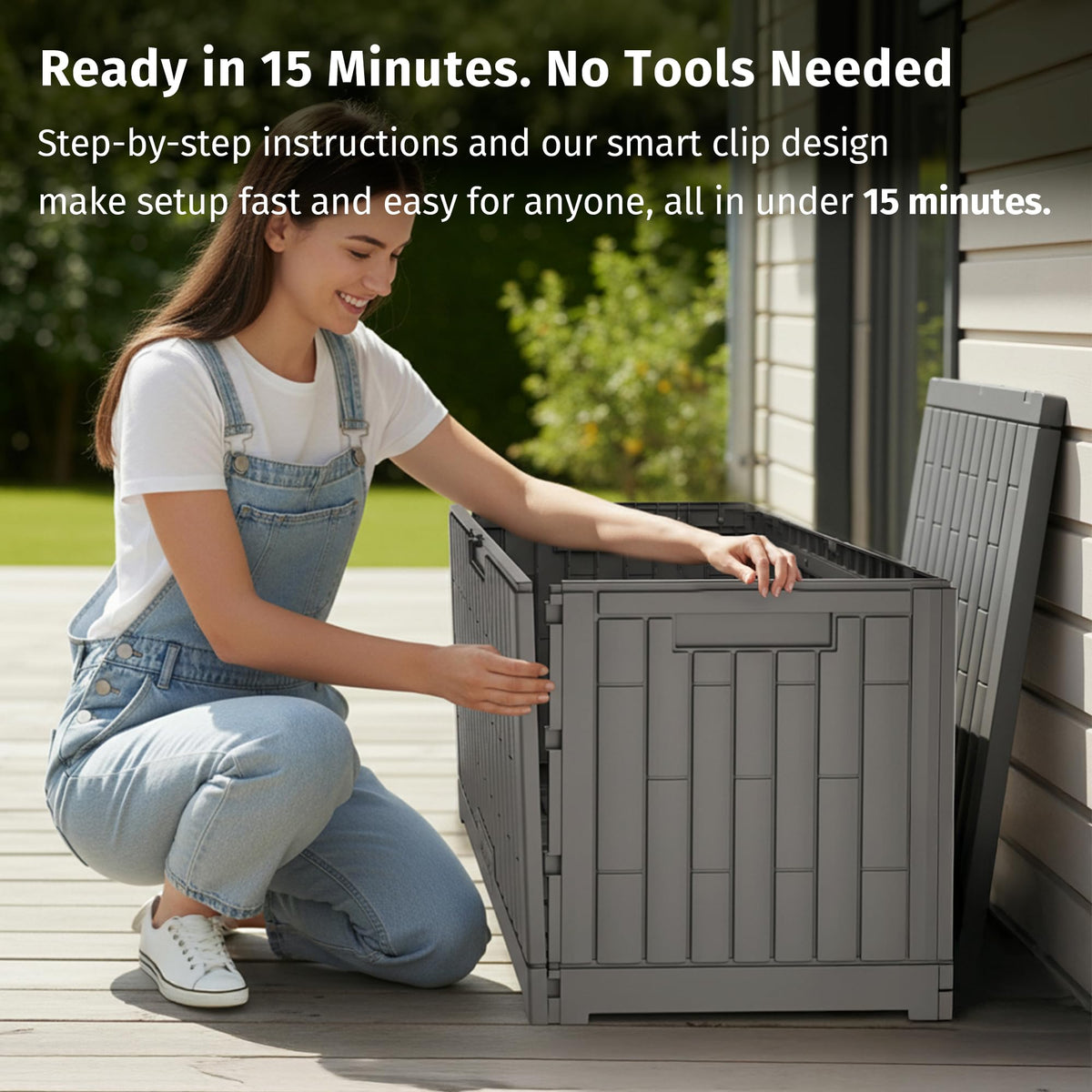 EAST OAK 120 Gallon Outdoor Storage Box | Large Resin Deck Box with Reinforced Stainless Steel Support | Waterproof & UV-Resistant Patio Storage Box for Cushions, Garden Tools & Pool Accessories, Grey