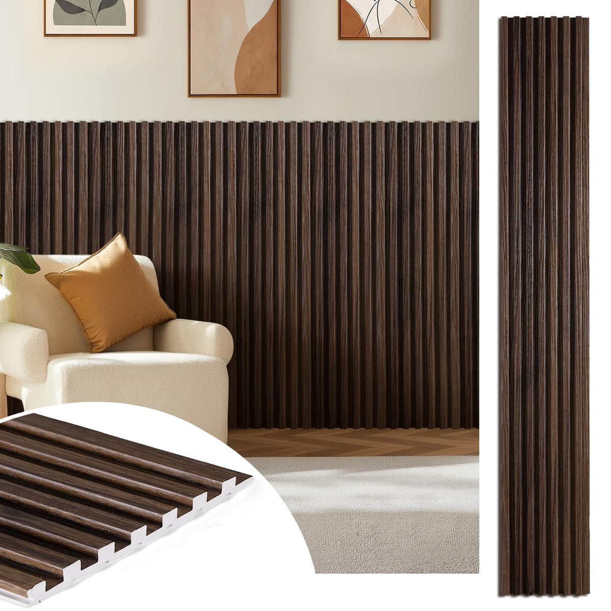 LARWORKS WPC Acoustic Slat Wall Panels 16-Pack 47.2'' x 6'', Accent 3D Wall Panel for Interior Wall Decor, Waterproof Fluted Textured Panel Wall Slats,Solid Walnut (Cover Approx.32 sq.ft)