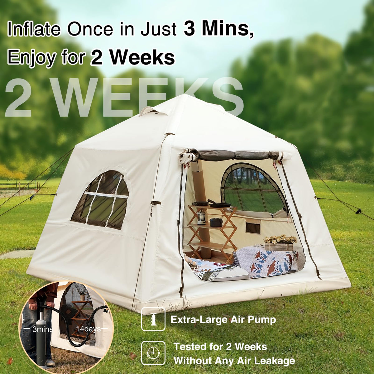 KNUO Inflatable Tent for Winter Camping 7.8x7.8ft Blow Up Air Tents, No Assembly Needed Luxury Glamping Tent for 1/2/3 People, Waterproof Oxford, Beige