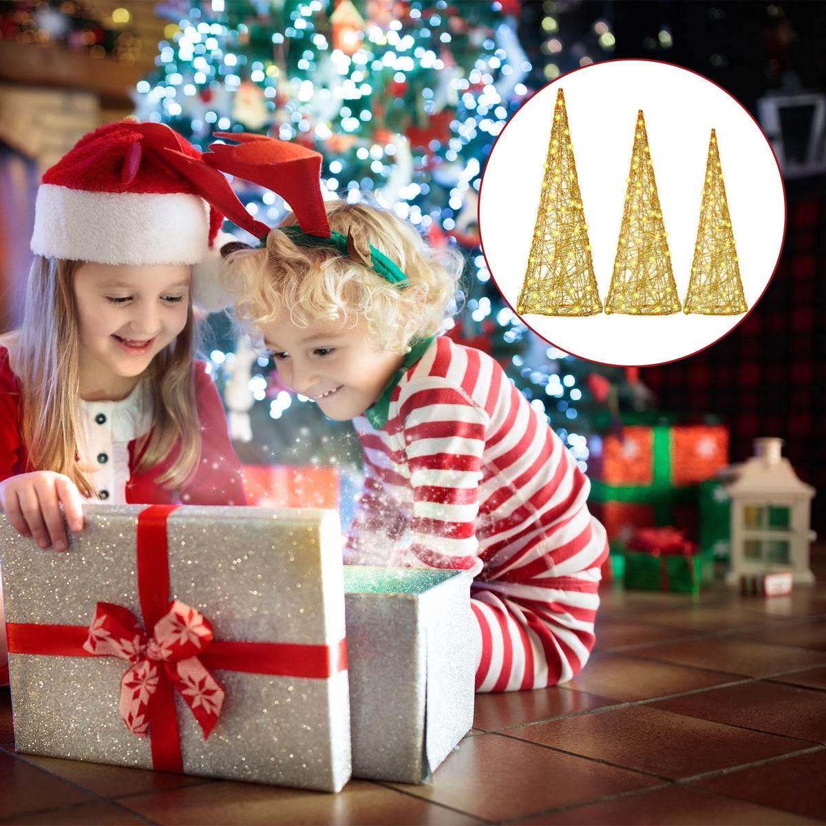 Baquler 3 Pcs LED Lighted Christmas Cone Trees Christmas Tree Ornament Gold Glittered Battery Operated Christmas Decoration Xmas Table Decor for Indoor Home Bedroom Tabletop Centerpiece Holiday Party