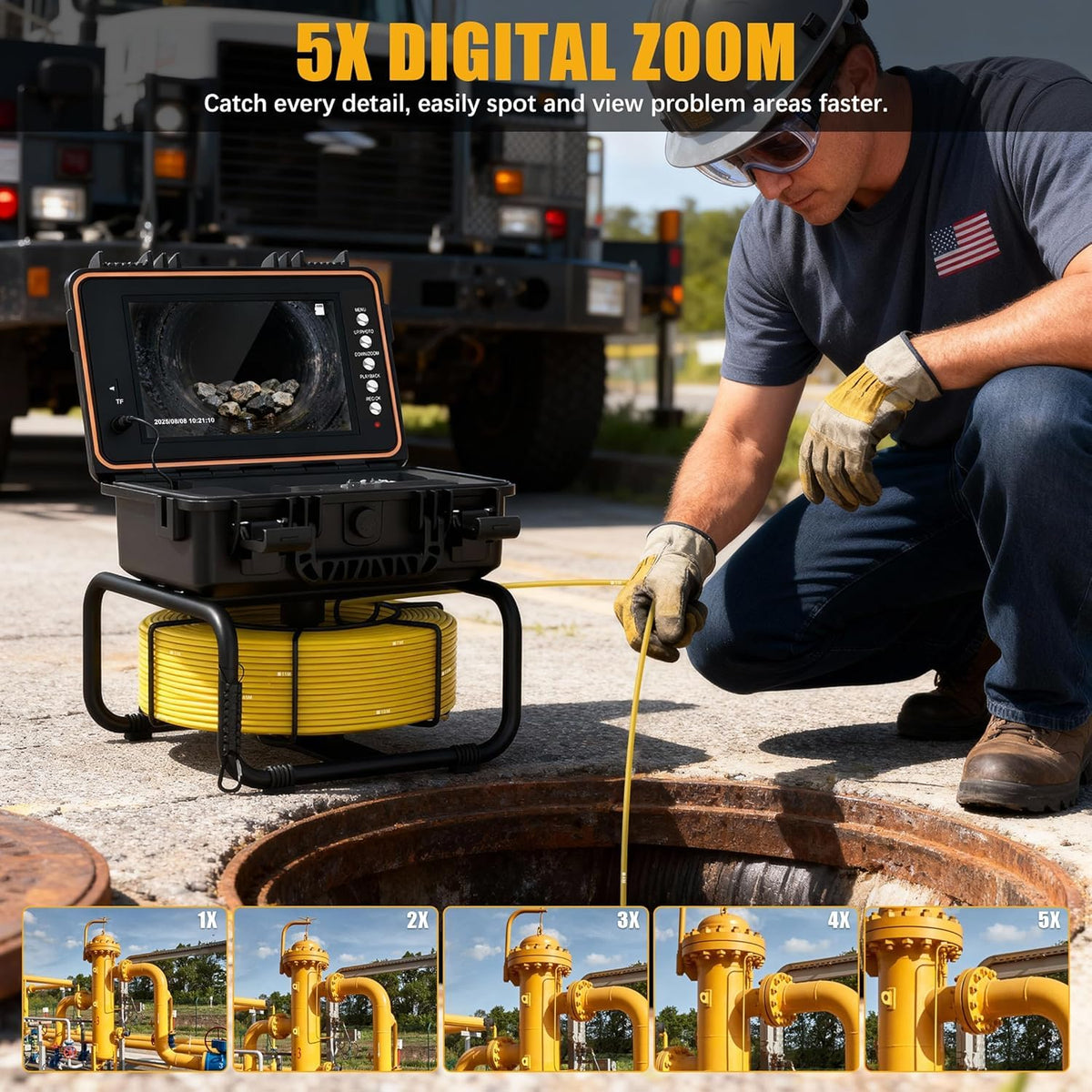Sewer Camera, 9" HD Industrial Borescope Drain Camera with Self-Leveling, IP68 Video Endoscope Pipe Inspection Cameras, 100Ft(30M) 5MM Thicker Cable with Meter Marking, 5X Zoom, DVR, 32GB
