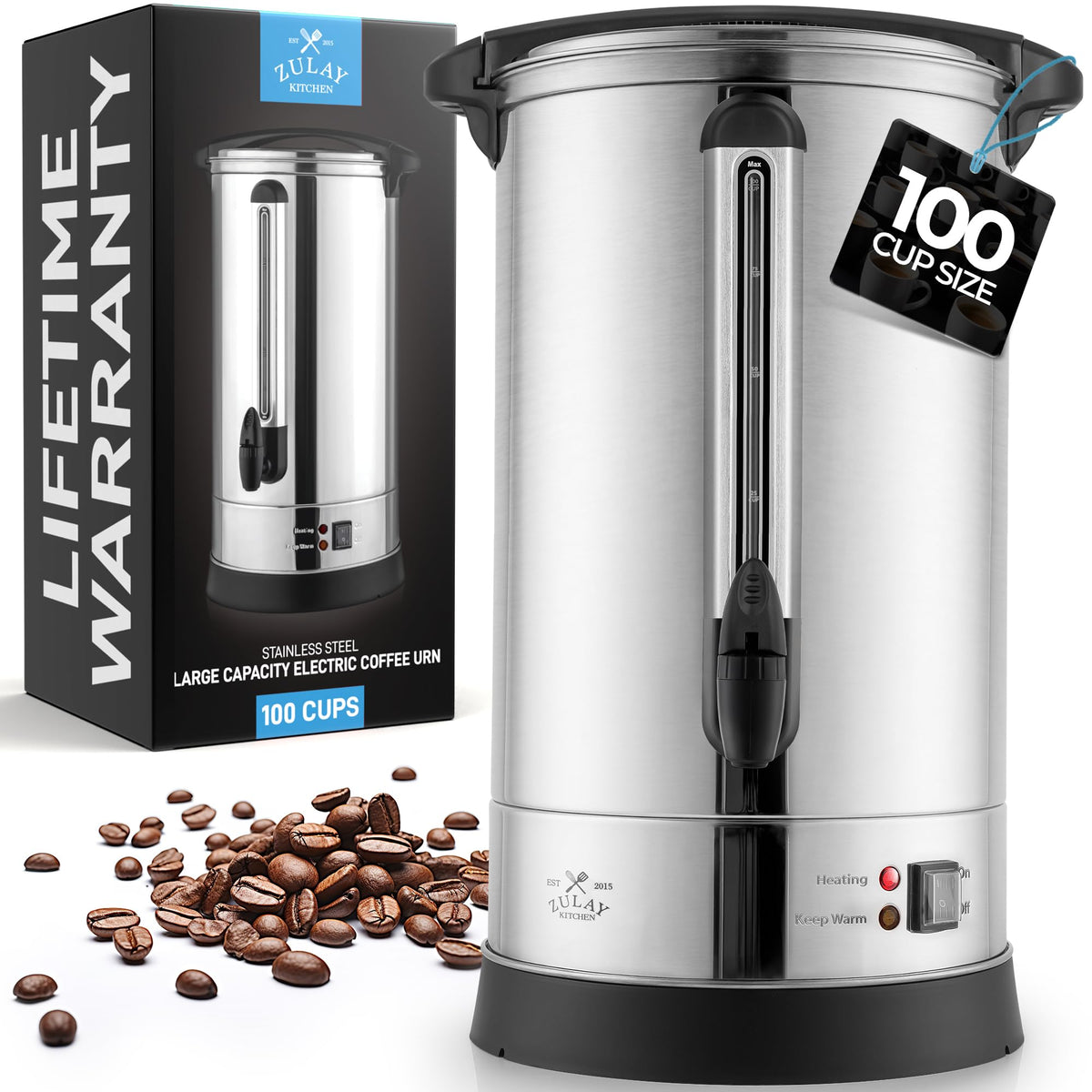 Zulay Commercial Grade 100 Cup Coffee Maker Hot Water Urn - Large Percolator Pot Dispenser With Double-Wall Stainless Steel, Quick Brew, Stays Hot for Tea & Beverage at Events & Catering - Silver