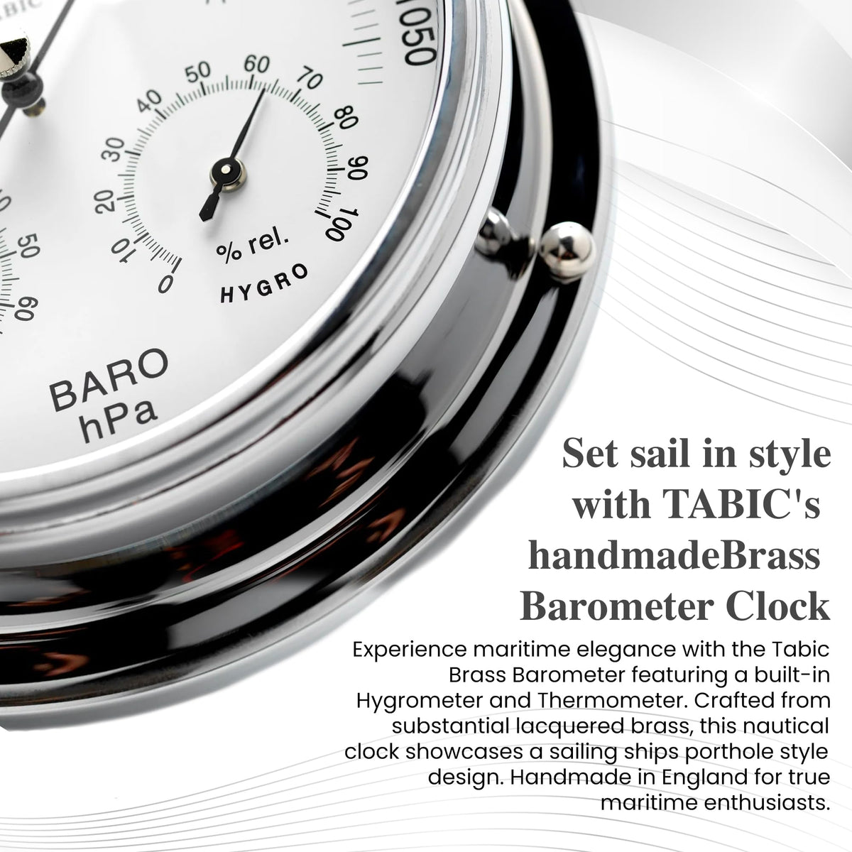 Tabic Chrome Barometer with Built-in Hygrometer &Thermometer - Analog Weather Station for Home & Outdoor Use - Handmade in England - Heavy Chrome Plated Brass Case (1/2kg), 6in x 2in