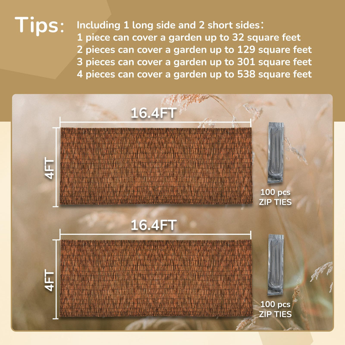 SHYDZYYC Brown 2 Pack 4FT X 16.4FT Reed Fencing Roll, Balcony Privacy Shade Reed Bamboo Fencing Garden Fence Border, Wind Block Sunshade Fence Screen for Outdoor Yard Patio Flower Bed Edge