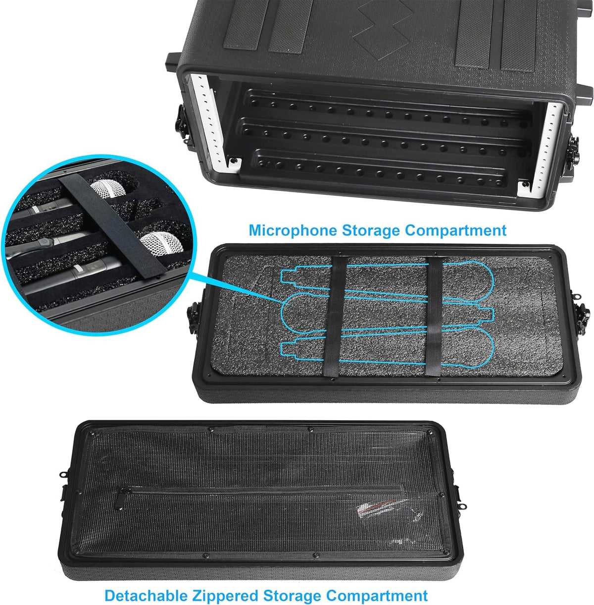 Diandian 4U Rack Case Shallow 16" Depth, 19" Rackmount Flight Case, Watertight Dust-Proof, Shock Mount for Amplifier, Pro Audio, DJ Mixer, Effects with Microphone Compartments