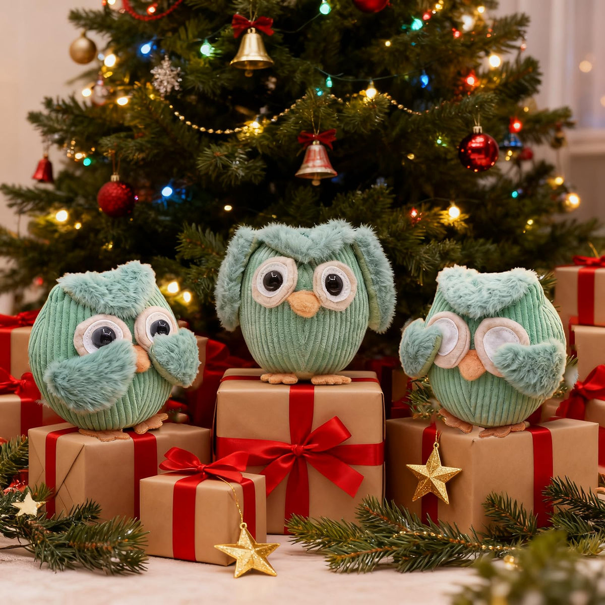 Etistta 3PCS Owl Plush for Home Decor 5 inch, See No Evil Hear No Evil Speak No Evil Owl Gifts for Women Bedroom Bird Christmas Decoration (Green)
