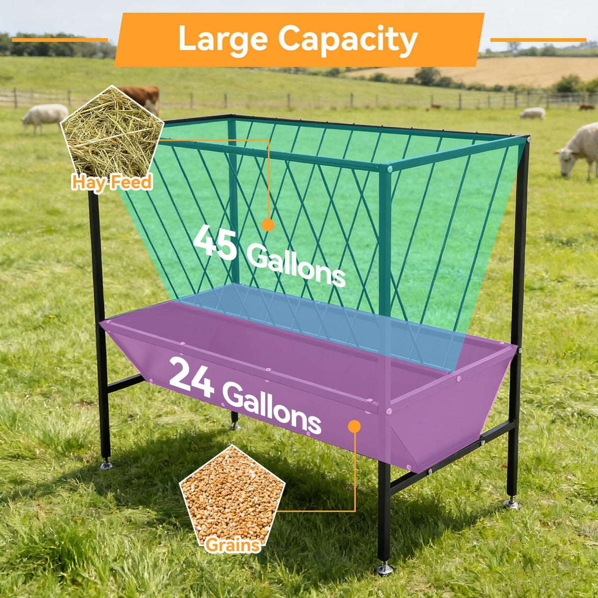 FULUPET 70 Gallon Pasture Hay Feeder, Heavy-Duty 2-in-1 Livestock Feeder with Grain Trough, Galvanized Steel Hay Rack for Goats, Sheep, Calves & Miniature Horses, Weather Resistant Farm Manger
