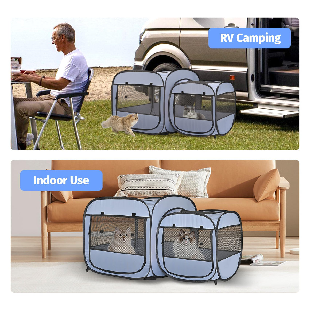 EighteenTek® 2-in-1 Portable Cat Playpen(Front Doors), Pop up Kitten Playpen, Assembly-Free, Pet Tent Crates Kennel Cage Enclosure for Dog Puppy Indoor Outdoor(No Divider, Unified Space)