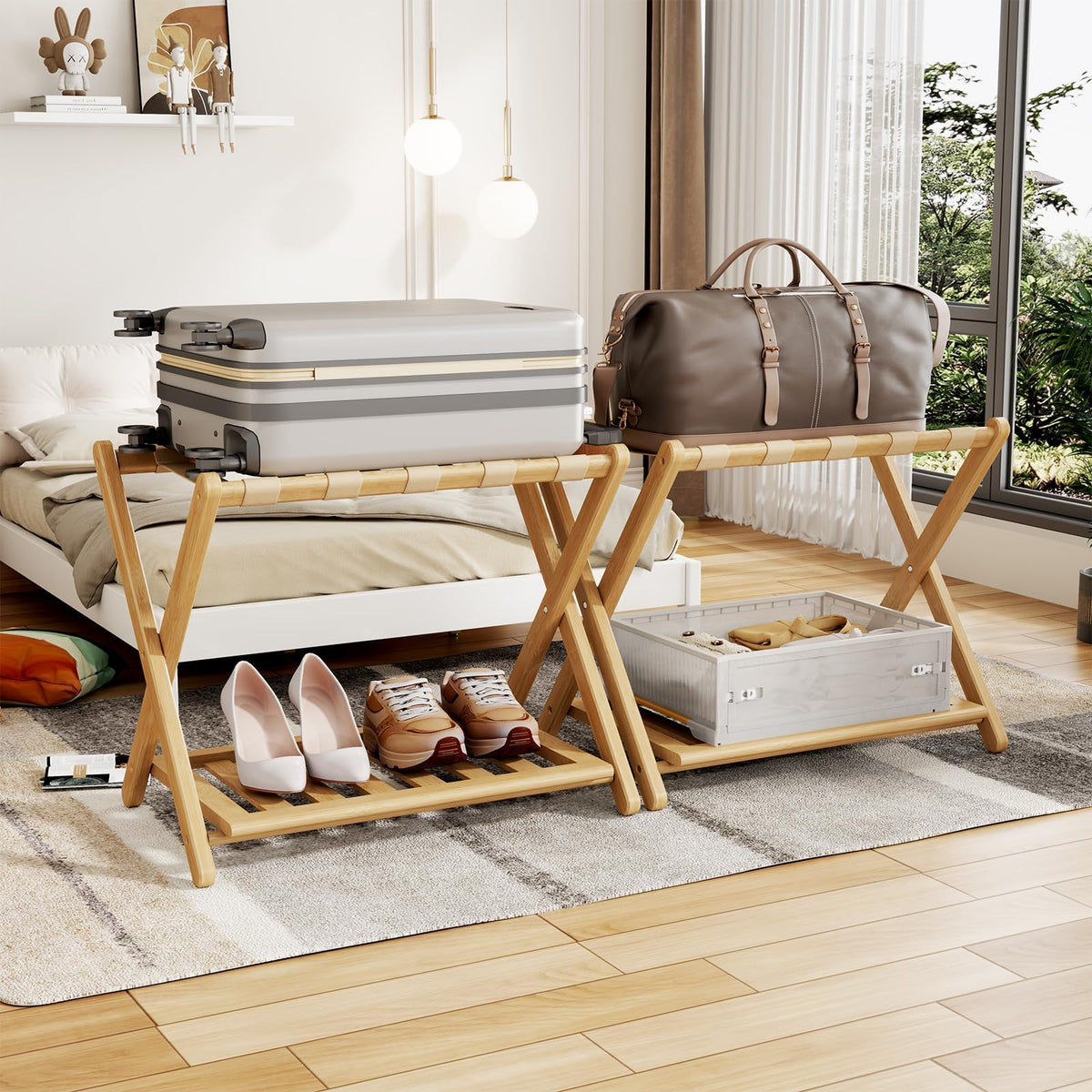 Oakvora Full Assembled 26.77"L Luggage Rack for Guest Room, Set of 2 Foldable Suitcase Stand with 5 Nylon Straps, Luggage Holder with Shoe Shelf for Suitcases Hotel (Natural Wood Bamboo Luggage Stands)