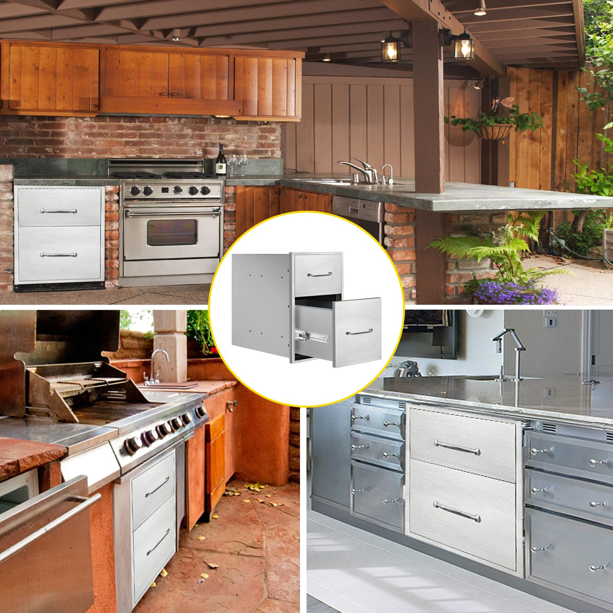 SGOLAN Outdoor Kitchen Drawers 14" W x 21" H x 21" D Flush Mount Double BBQ Drawers with Chrome Handle Stainless Steel Drawer for Outdoor Kitchen Island, Patio Grill Station
