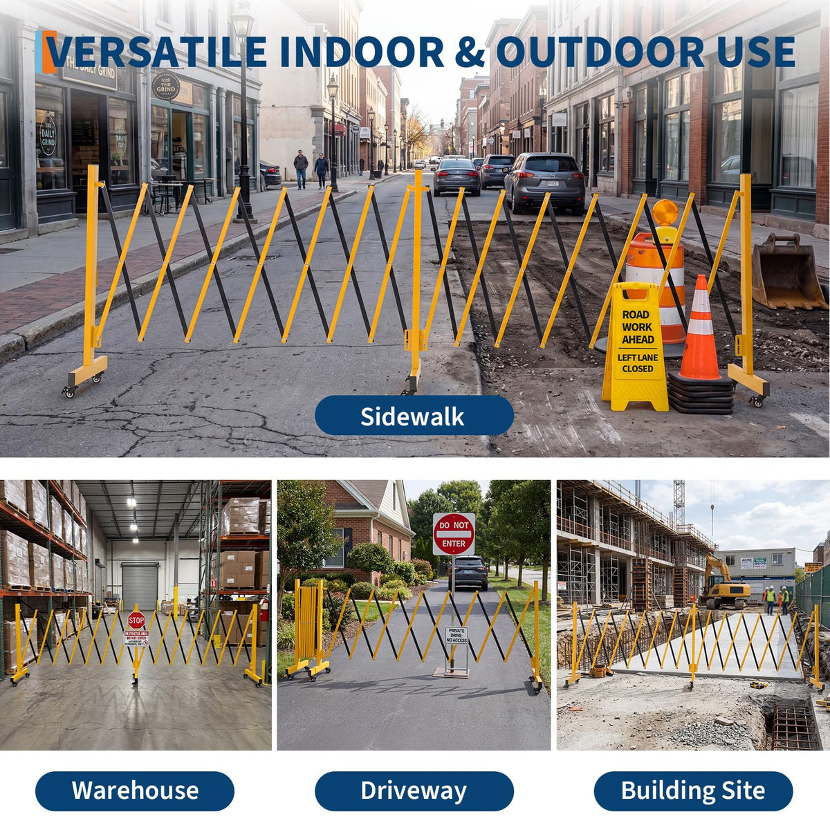 23FT Metal Expandable Mobile Barricade,Industrial Folding Security Gate Driveway Gate, Retractable Retractable Gate Outdoor,Folding Safety Barricade with Casters