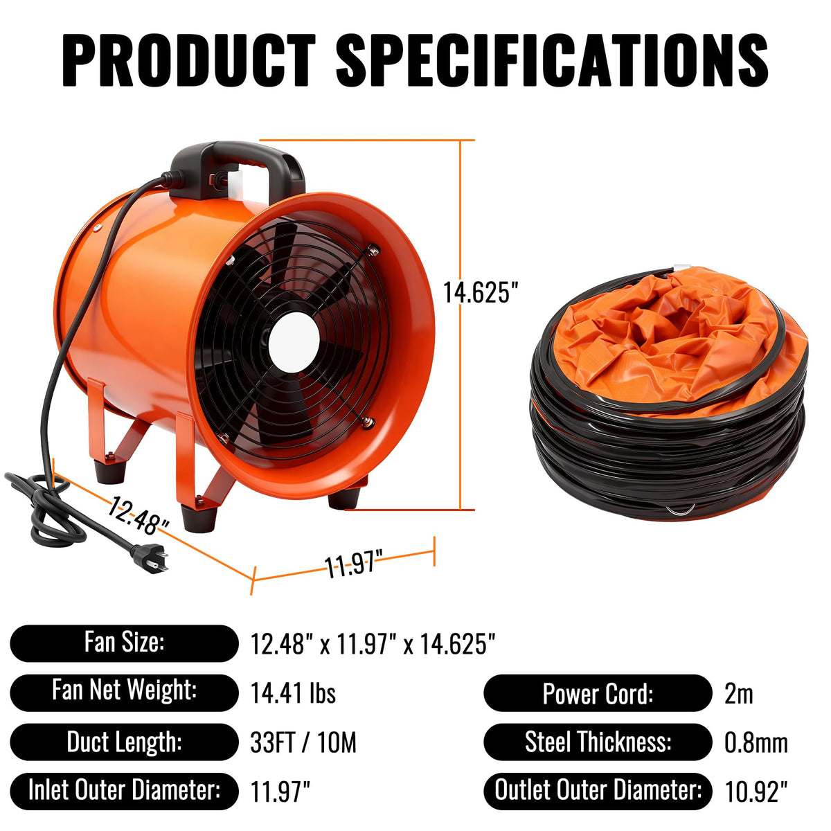 dreamdragon Upgraded 10-Inch Utility Blower Fan, Portable Industrial Exhaust Fan with 33ft Flexible Duct Hose, 3300 RPM Low-Noise Ventilator for Workshops Warehouses and Basements