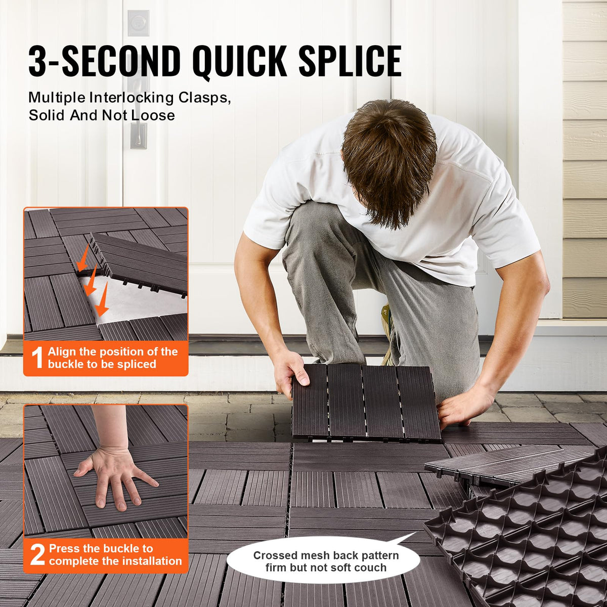 VEVOR 54 sq. ft Plastic Interlocking Deck Tiles, 54 Pack,12"x12" Waterproof Non-Slip Outdoor Flooring All Weather Use, Patio Floor Decking Tiles for Porch Poolside Balcony Backyard, Dark Brown