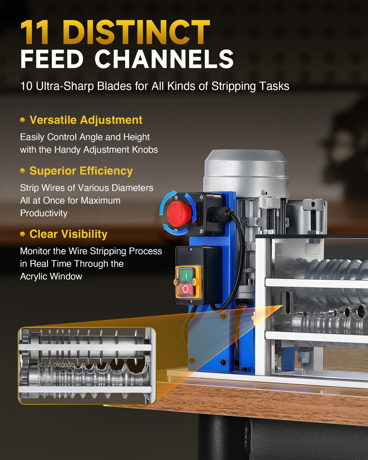 CREWORKS Electric Wire Stripping Machine, 11 Channel Automatic Wire Stripper for 0.06-1.6 in. Copper Wires, 550W Cable Stripper Machine with 10 Blades, Electric Wire Stripper for Workshop Recycling