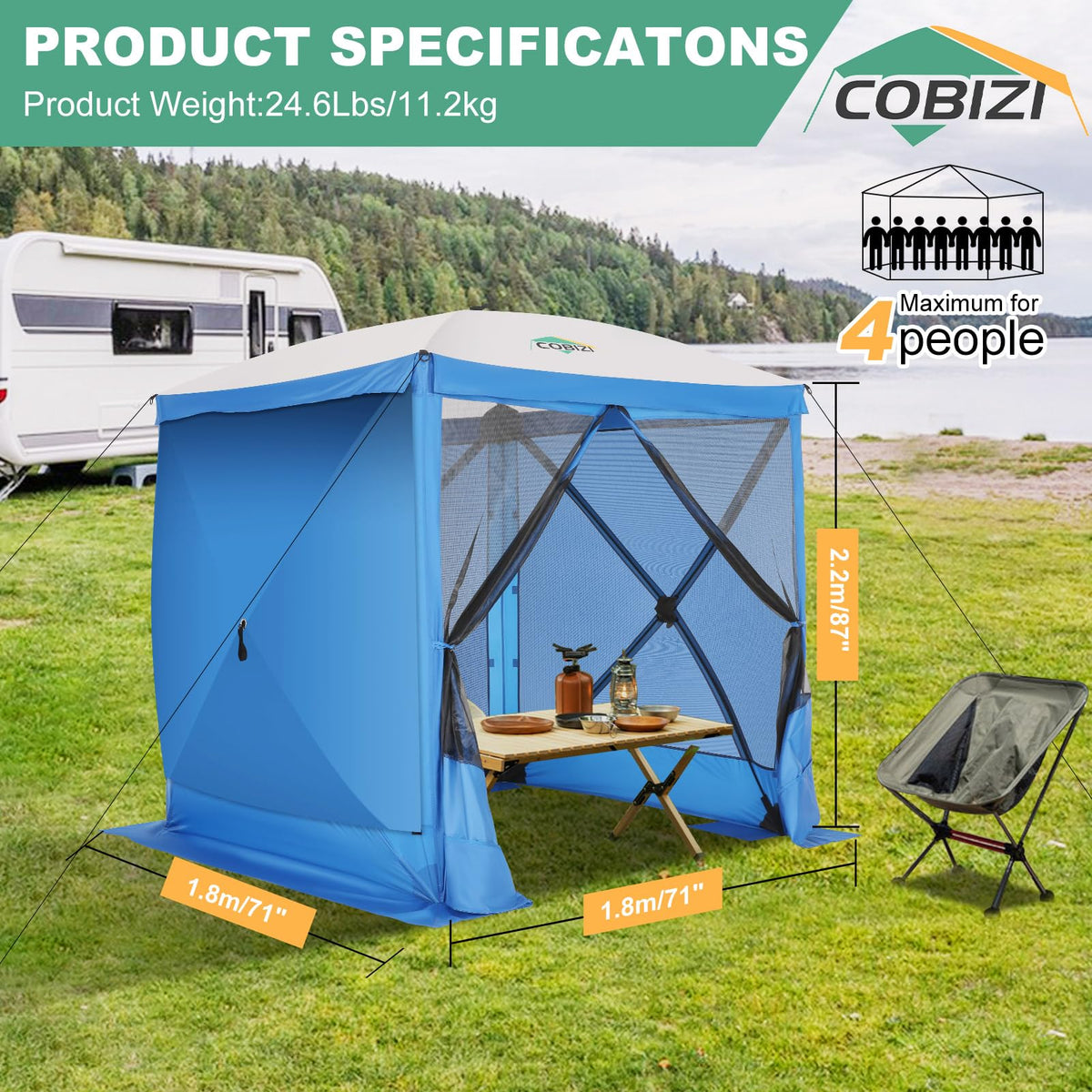 COBIZI 6x6 FT Pop up Gazebo, Popup Canopy Tent, Screened in Gazebos with sidewalls, Waterproof Portable Outdoor Small Screen Tents Sun Shelter,carpas para Patio for Camping, Garden and Backyard,Blue