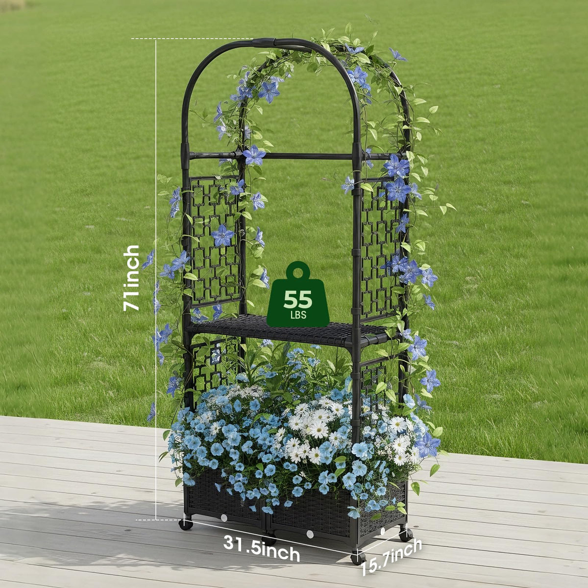 MQHUAYU 71"x16"x32" Planter Box with Trellis, 3-in-1 Self-Watering Planter Box with Wheels for Patio,Raised Garden Bed with Trellis, Drainage Holes & Metal Storage Rack for Vine Climbing Plants