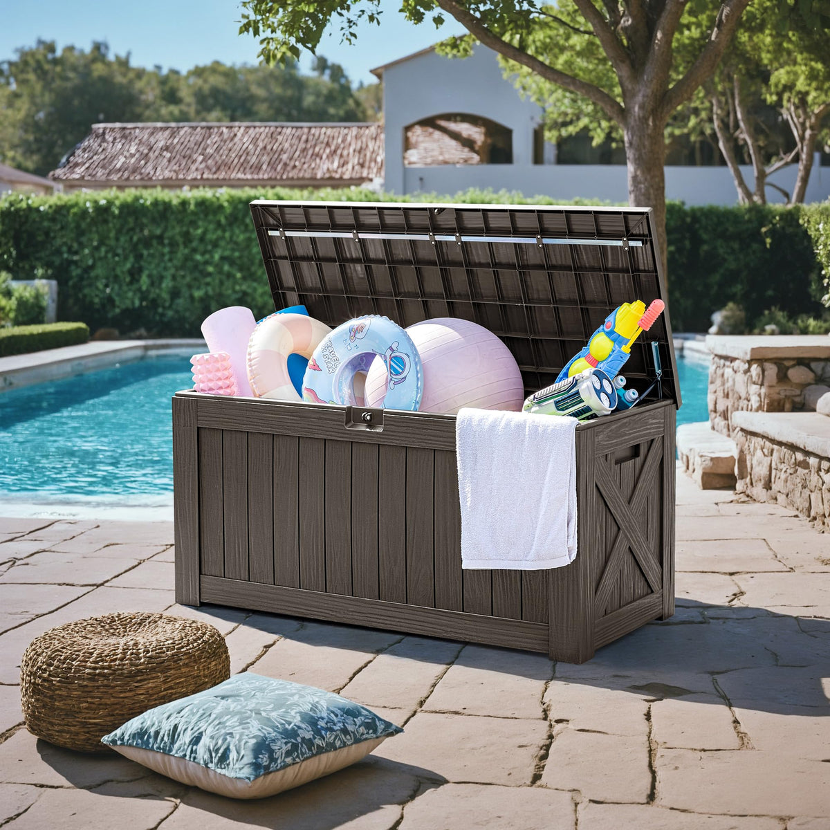 Greesum 120 Gallon Deck Box, Resin Outdoor Storage Container for Patio Furniture, Garden Tools, Pool Accessories, Weatherproof, Lockable, Brown